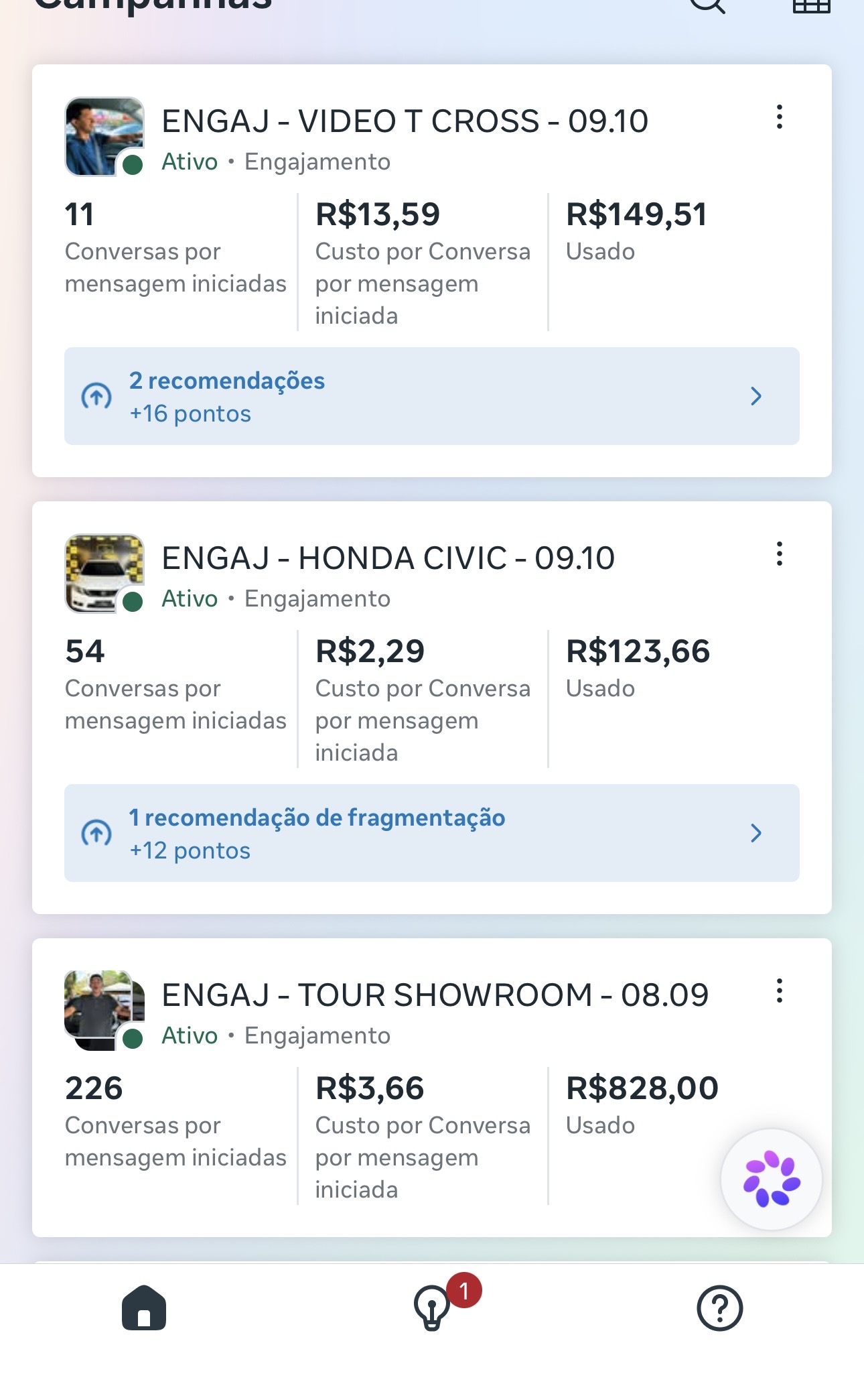 Print completo com resultados de três campanhas: 11, 54 e 226 conversas iniciadas